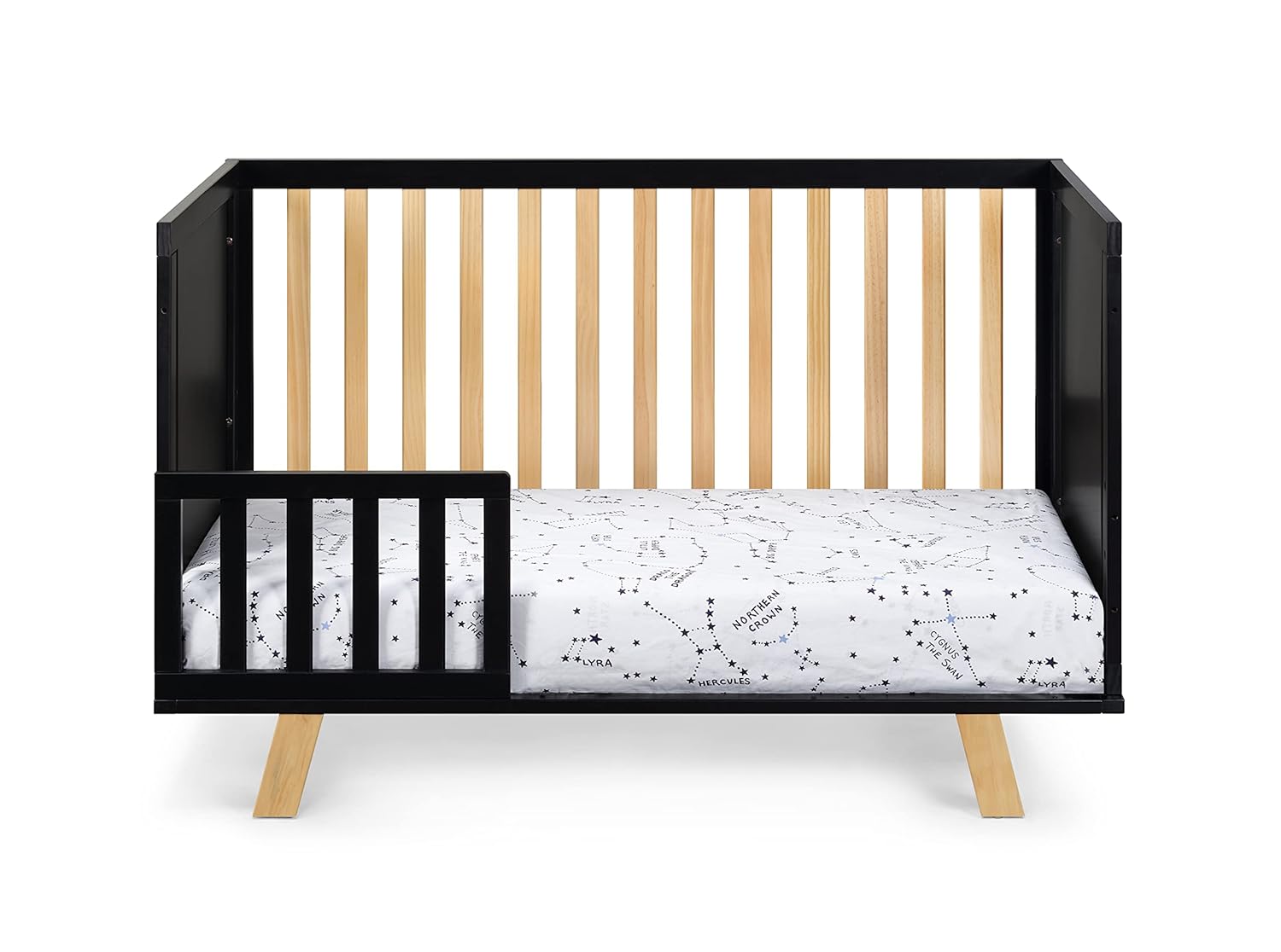 Front view of the Suite Bebe Livia Crib converted into a toddler bed with a short guard rail.