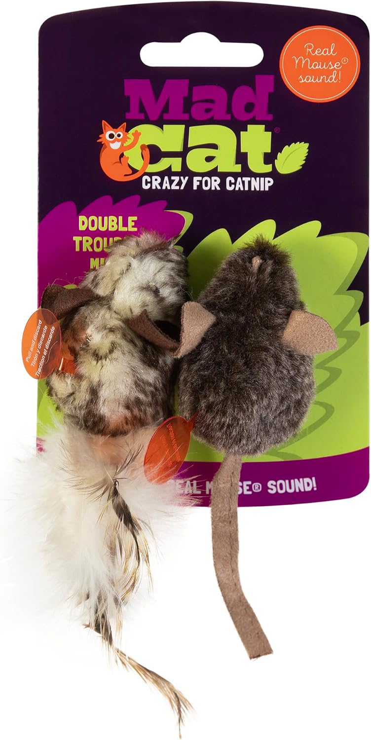 Mad Cat Double Trouble Mice Catnip Cat Toy with Real Mouse Sound, 2 Pack | Pair of critters with lifelike effects that spark natural hunting instincts, chasing and pouncing for felines at home daily