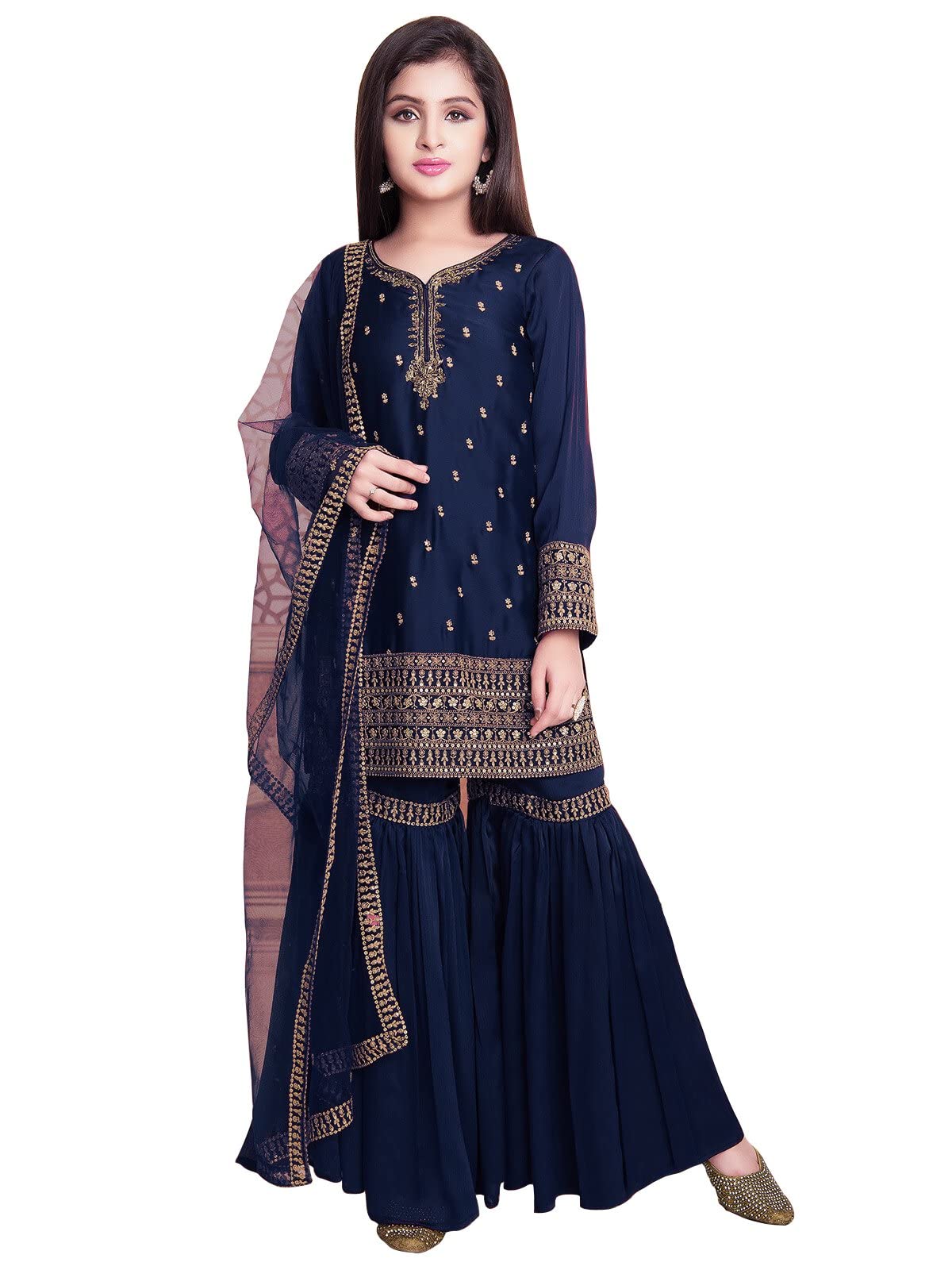 White Button New Girl's Sharara S Georgette Suit For Kids (7-8 Years, Blue)