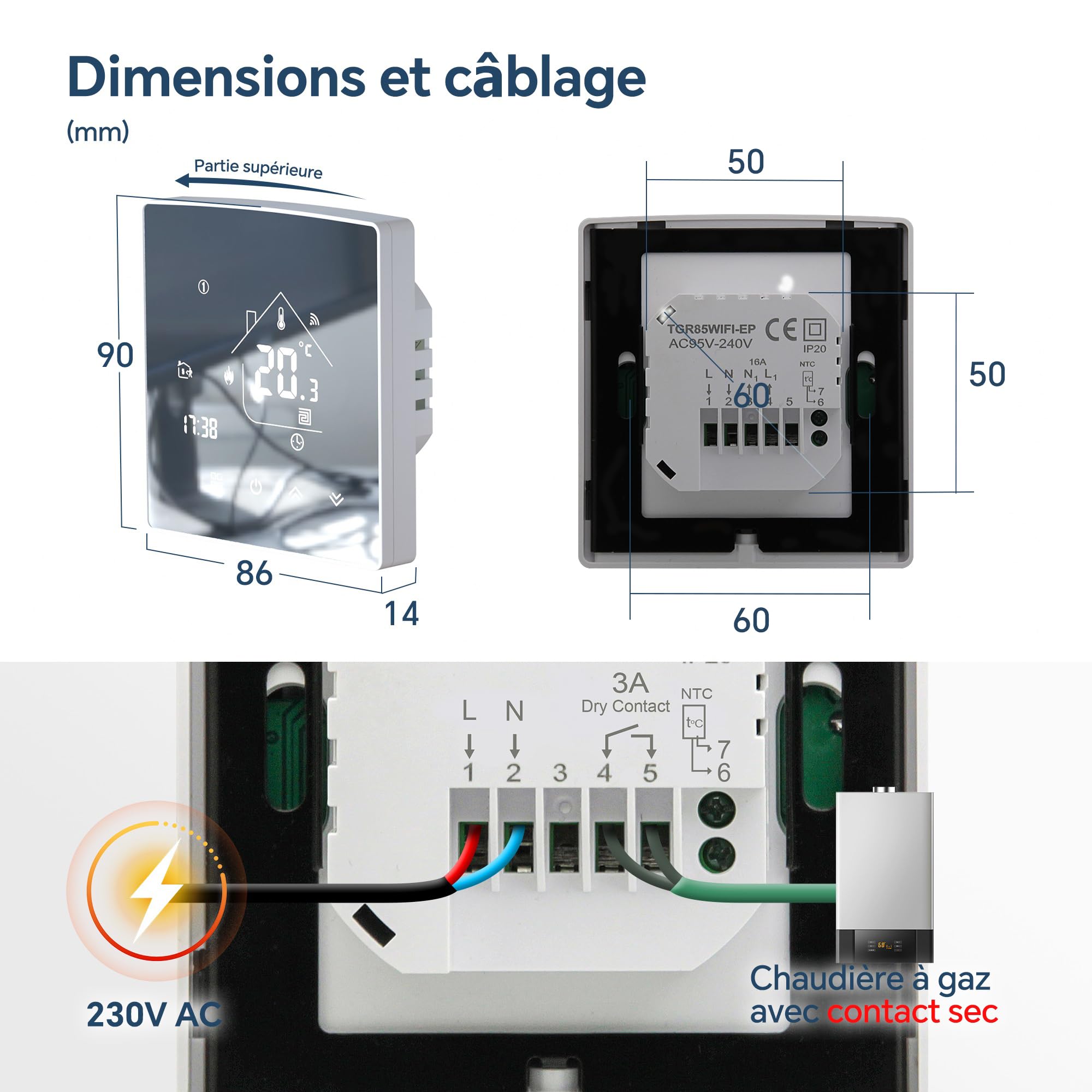 Thermostat WiFi Intelligent Tuya,Écran Miroir Thermostat Chaudière à Gaz,Thermostats Connecté,Régulateur de Température Ambiante,programmable,Compatible avec Alexa, Google Home,3A | Thermostat connecté programmable, Régulateur de Température Ambiante, Com