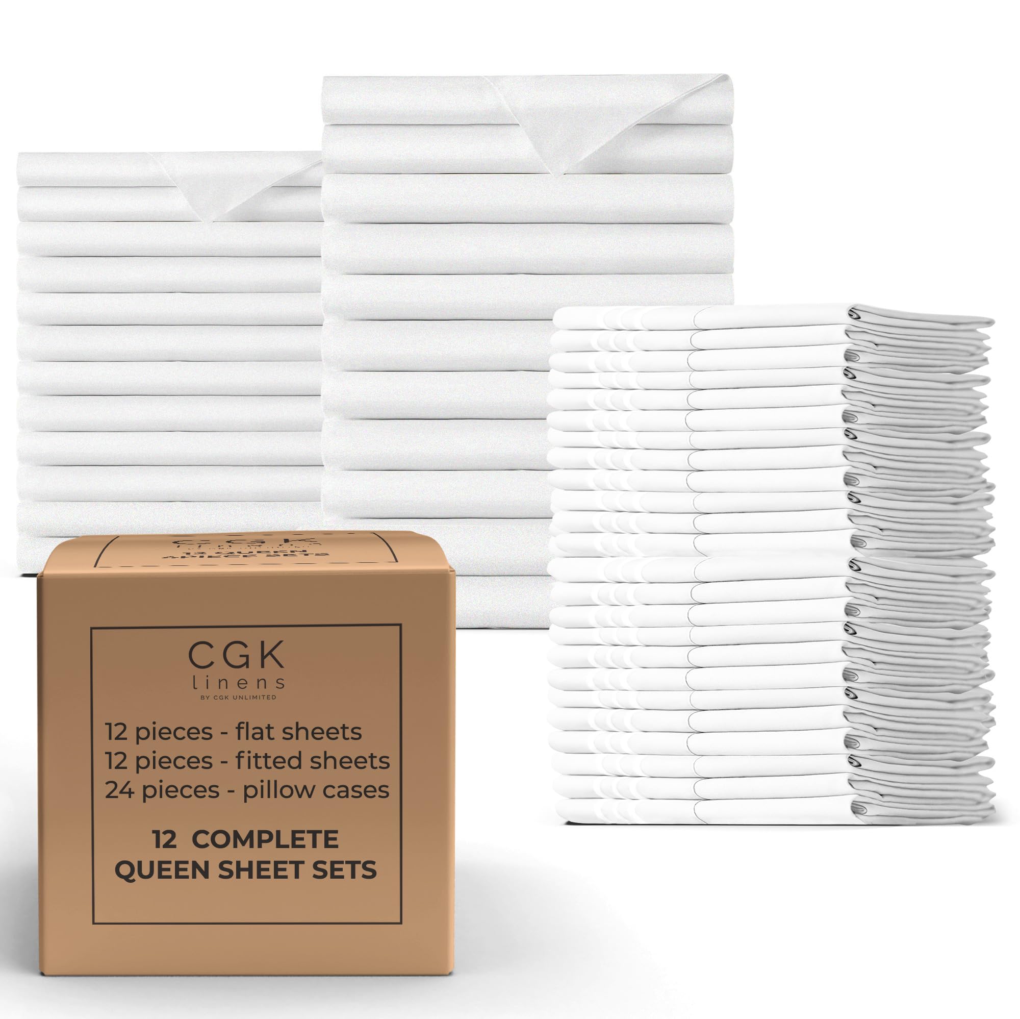 Bulk Case Pack of 12 Sheet Sets - (12) Complete Sheet Sets - Bulk Pack of Queen Sheet Sets - Bulk Sheets Queen Size - Wholesale Bulk Sheets for Hotels & Airbnbs - Exceptional Value (Queen, White)