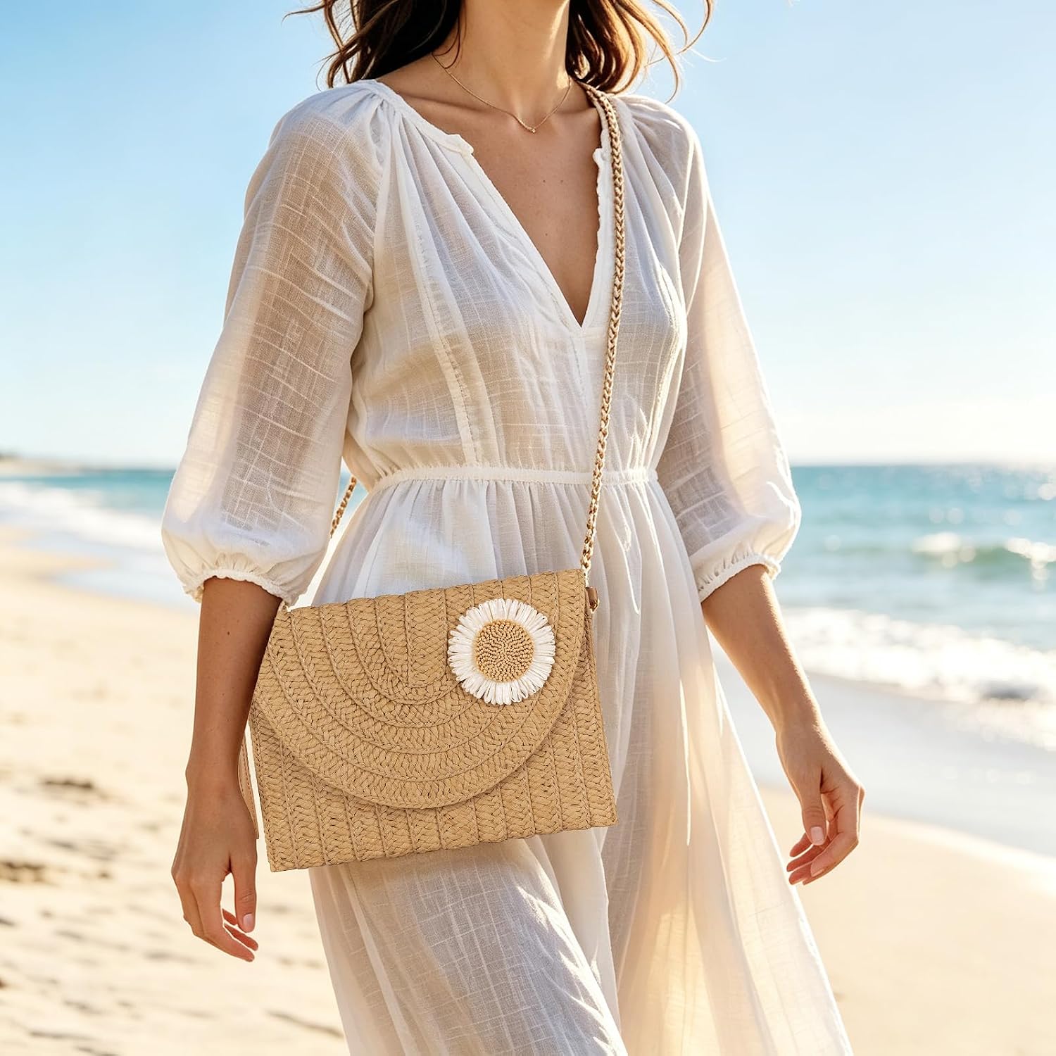 Straw Clutch Purse for Women: Summer Small Crossbody Beach Bags, Lightweight Woven Handbag, Boho Envelope Bag Travel image 3