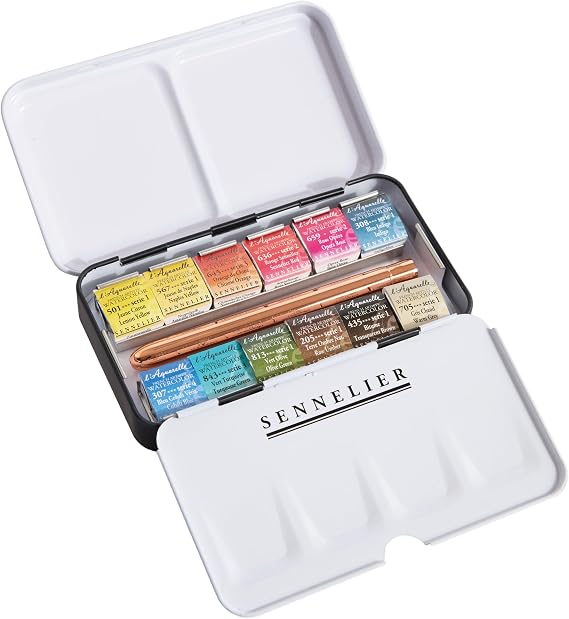 SENNELIER L'Aquarelle French Watercolor Paint, Metal Box Pocket Set of 12 Half Pans