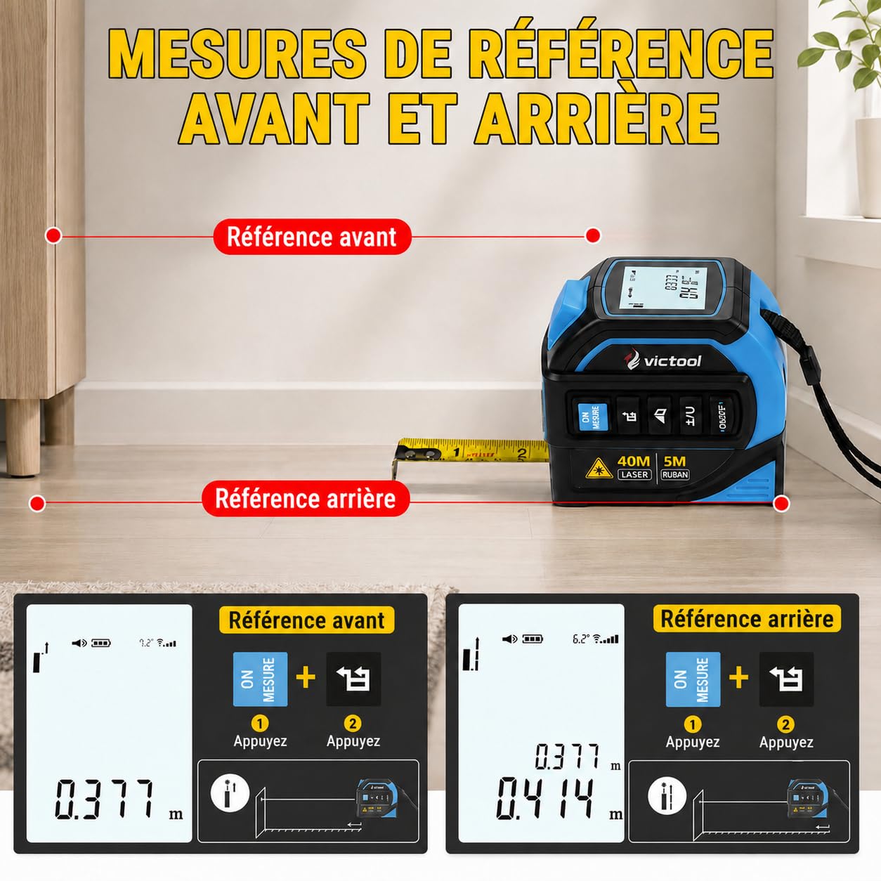 Ruban à Mesurer Laser 4 en 1, 40m Telemetre Laser + 5m Metre Ruban, 16m Ligne Croisée et Trépied, Grand Écran LCD (m/ft/in), pour Bricolage, BTP, Professionnels