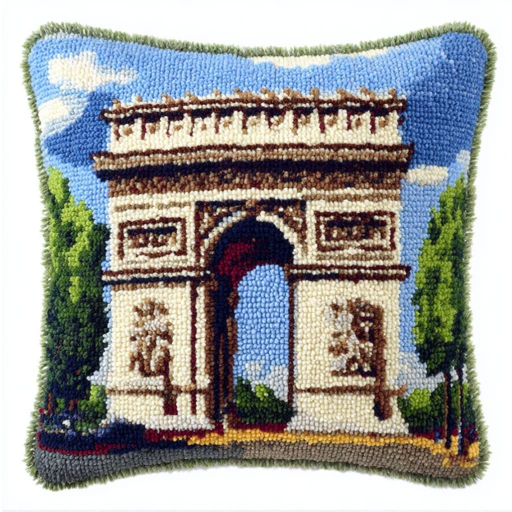 Taxpy DIY Latch Hook Pillow Kit Pre-Printed Hook and Latch Rug Kits Arc De Triomphe Architecture 17X17 Inch.Cross-Stitch Embroidery Cushion Cover for Home Sofa Decoration