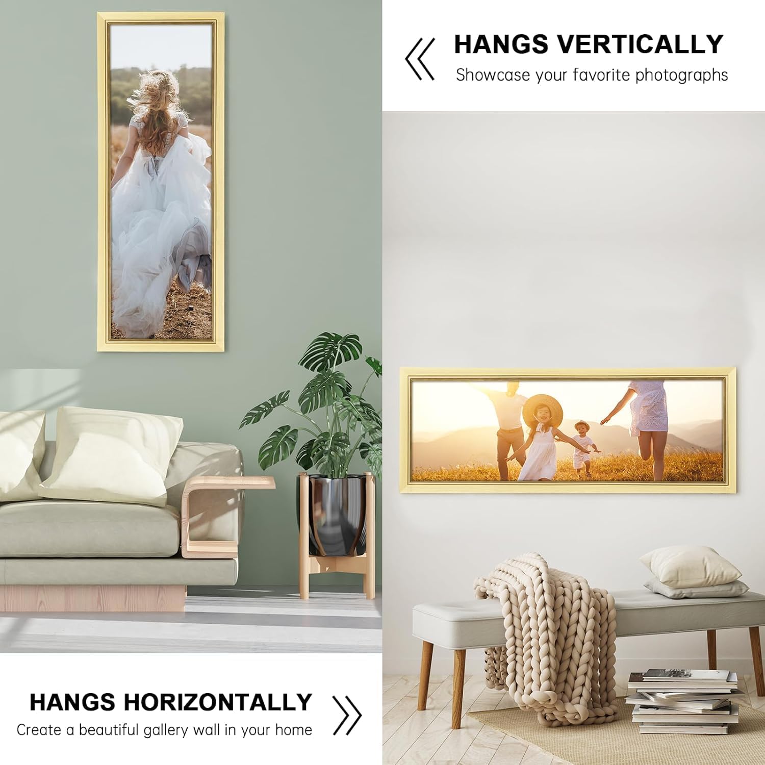 GULETHUN 12x36 Picture Frame, Gold Poster Frame, Home Decor Natural Gallery Frames, Horizontal or Vertical Format, Sturdy, Plexiglass, Large Wall Decor, for Photos, Artworks, Posters Gold 12x36in