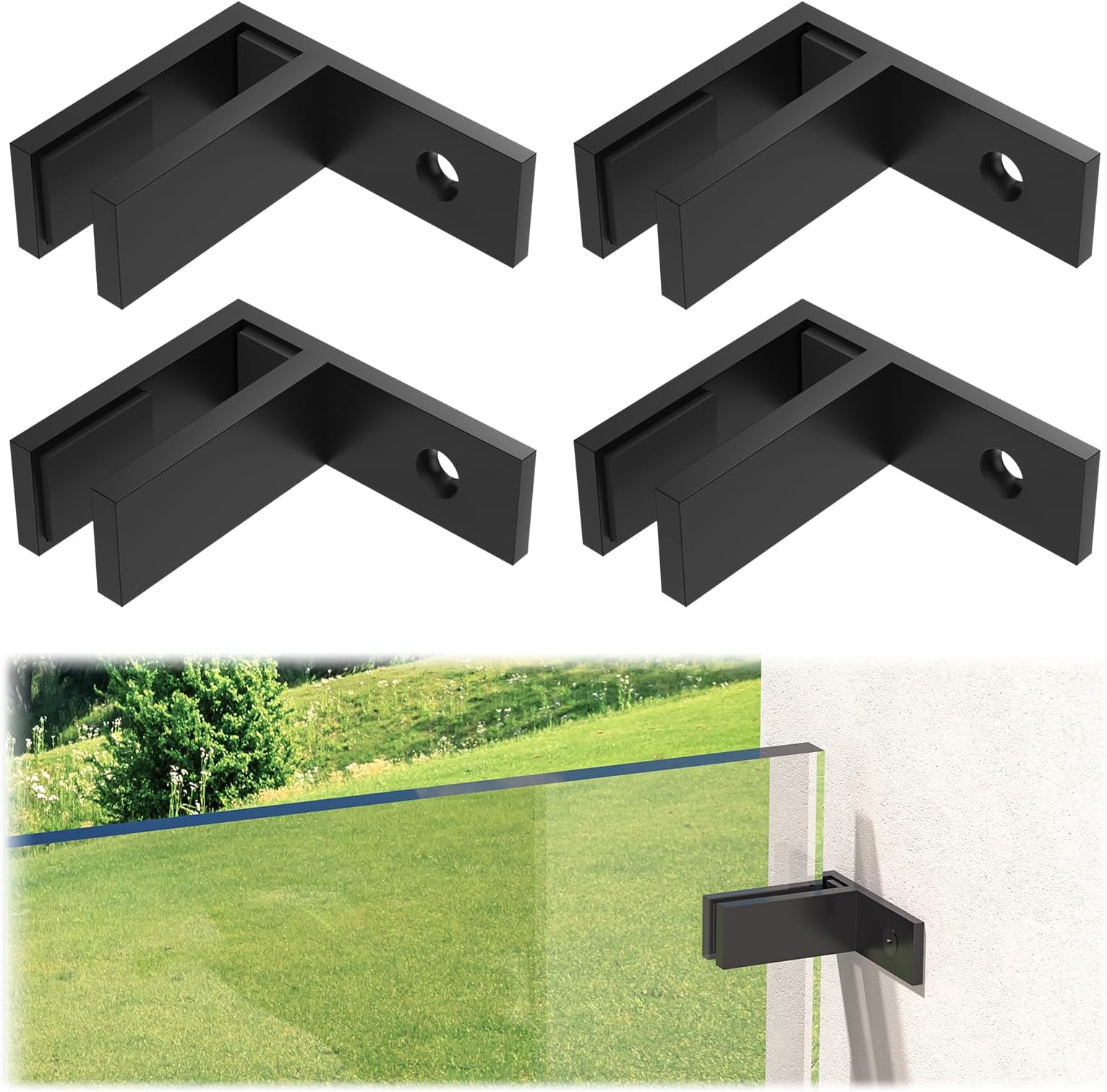 4 Pack Matte Black Wall to Glass Clamp 90 Degrees Glass Railing Clamp Fit for 3/8"-1/2"(10mm-13mm) Thinkness Balustrade, F Shape T304 Railing Clips for Fence, Balcony Deck, Indoor & Outdoor