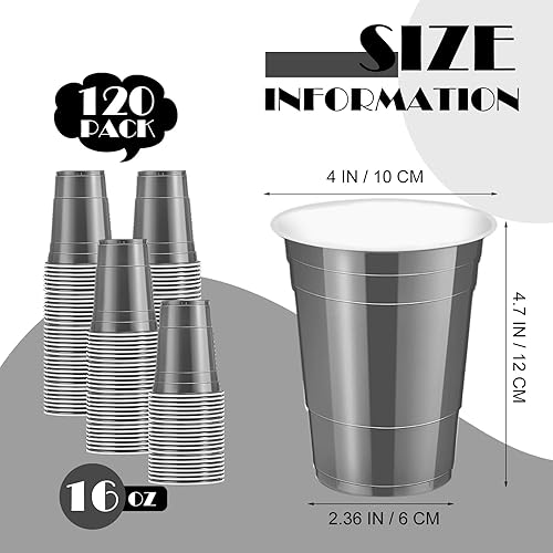 Miniatura 2 de 120 vasos de plástico grises de 16 onzas de 16 onzas, tazas individuales grises de plástico gris, vasos desechables de 16 onzas para fiesta para