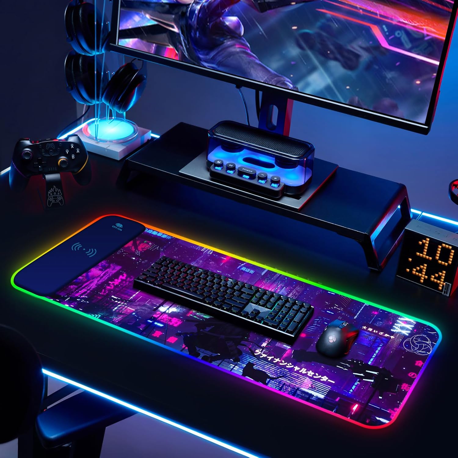 RGB Mouse Pad with 15W Wireless Charging, Purple Anime Neon Extended Large LED Gaming Mouse Pad Non-Slip Rubber Base, 10 Light Modes Desk Pad for Home Office-Warrior Cat