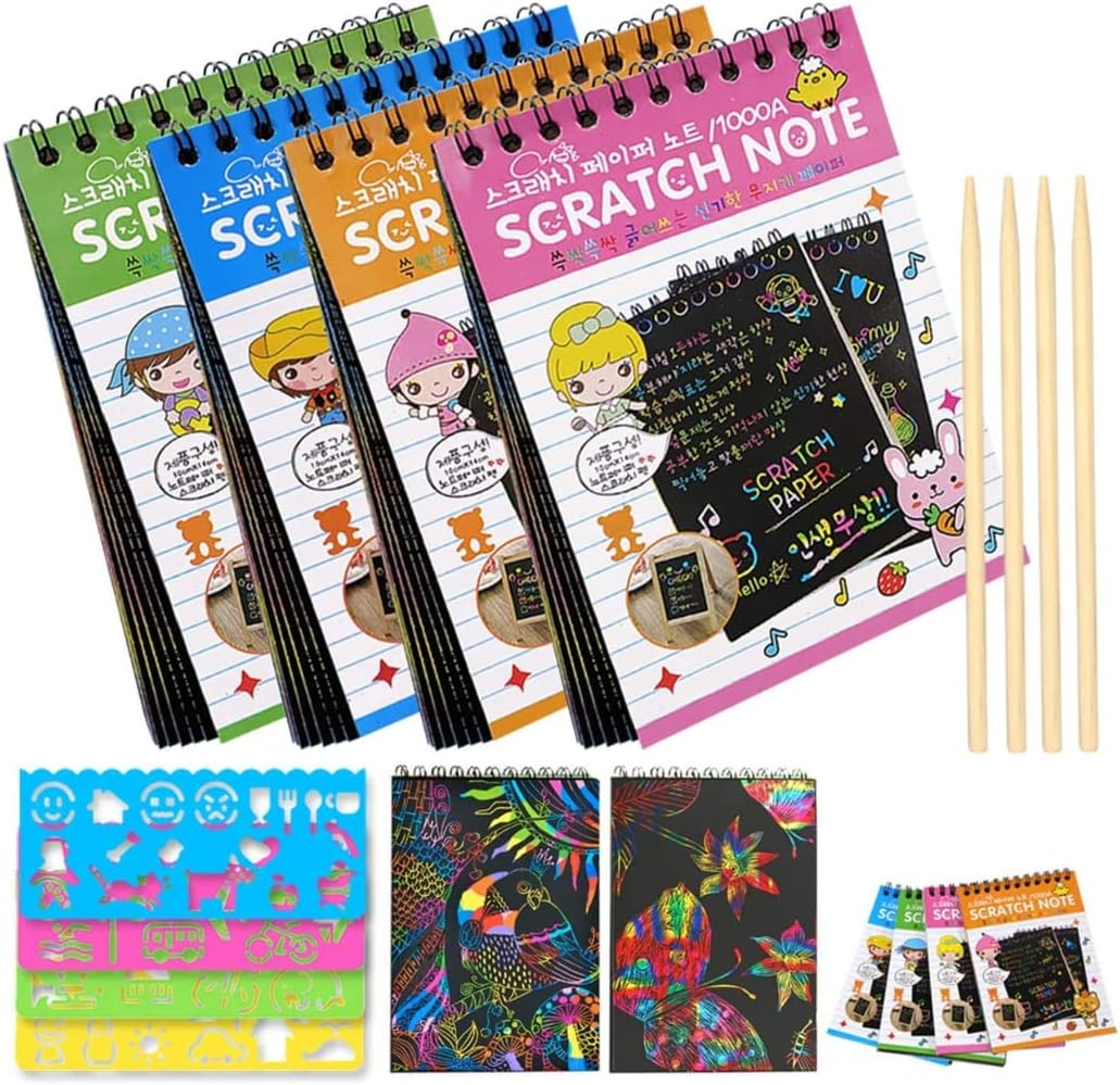 Arvanaindia Kids Birthday Party Return Gifts Favors Scratch Book for Drawing Art Activity and Magic Doodle Notepad of 10 Pages with One Stick (Pack of 24)