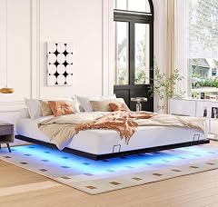 Black King Size Floating Bed Frame with LED Lights Minimalist Metal Platform Bed Low Bedframe No Headboard and