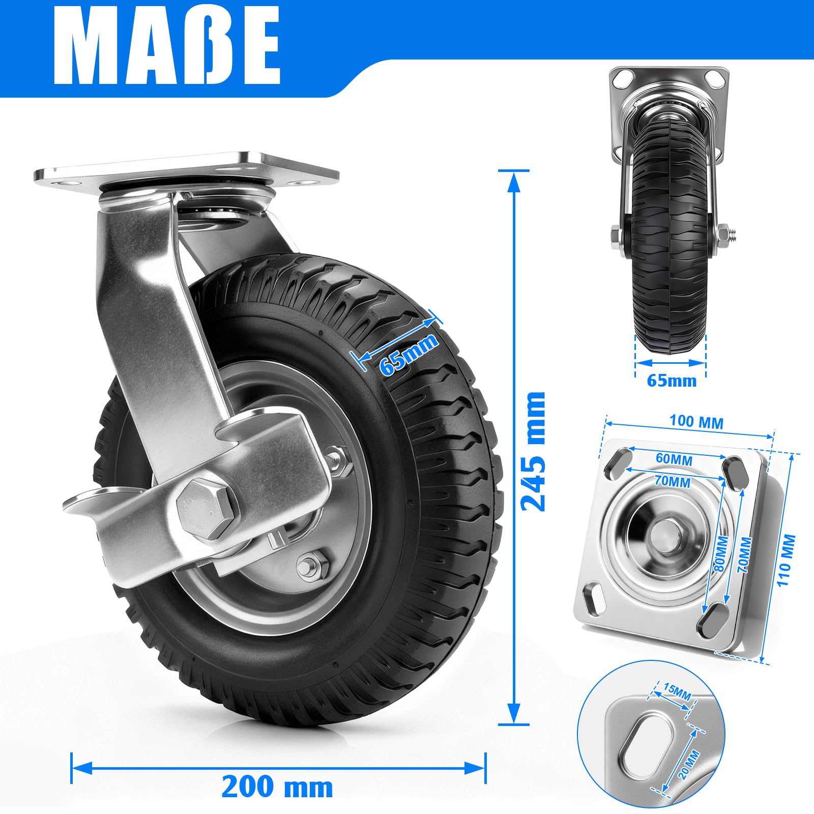 4 pezzi di rotelle girevoli con pneumatici pneumatici con freno Ø 200 x 65 mm, pneumatici silenziosi con ammortizzazione, ruote stabili, rotella di trasporto per carretto e carrello di trasporto Kit