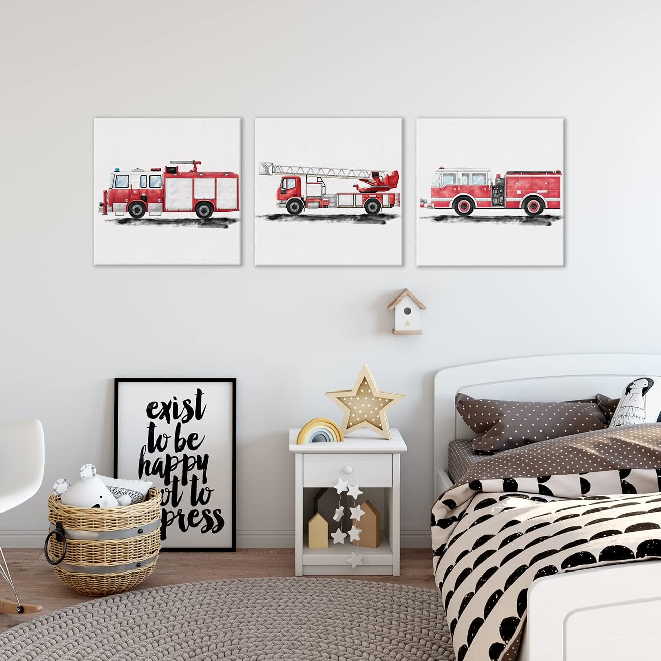 Set of 3 Fire Truck Nursery Transportation Framed Wall Art Decor Watercolor Fire Engine Firetruck Canvas Paintings Prints Posters for Home Kids Toddler Boys Bedroom, 12x12 Inch