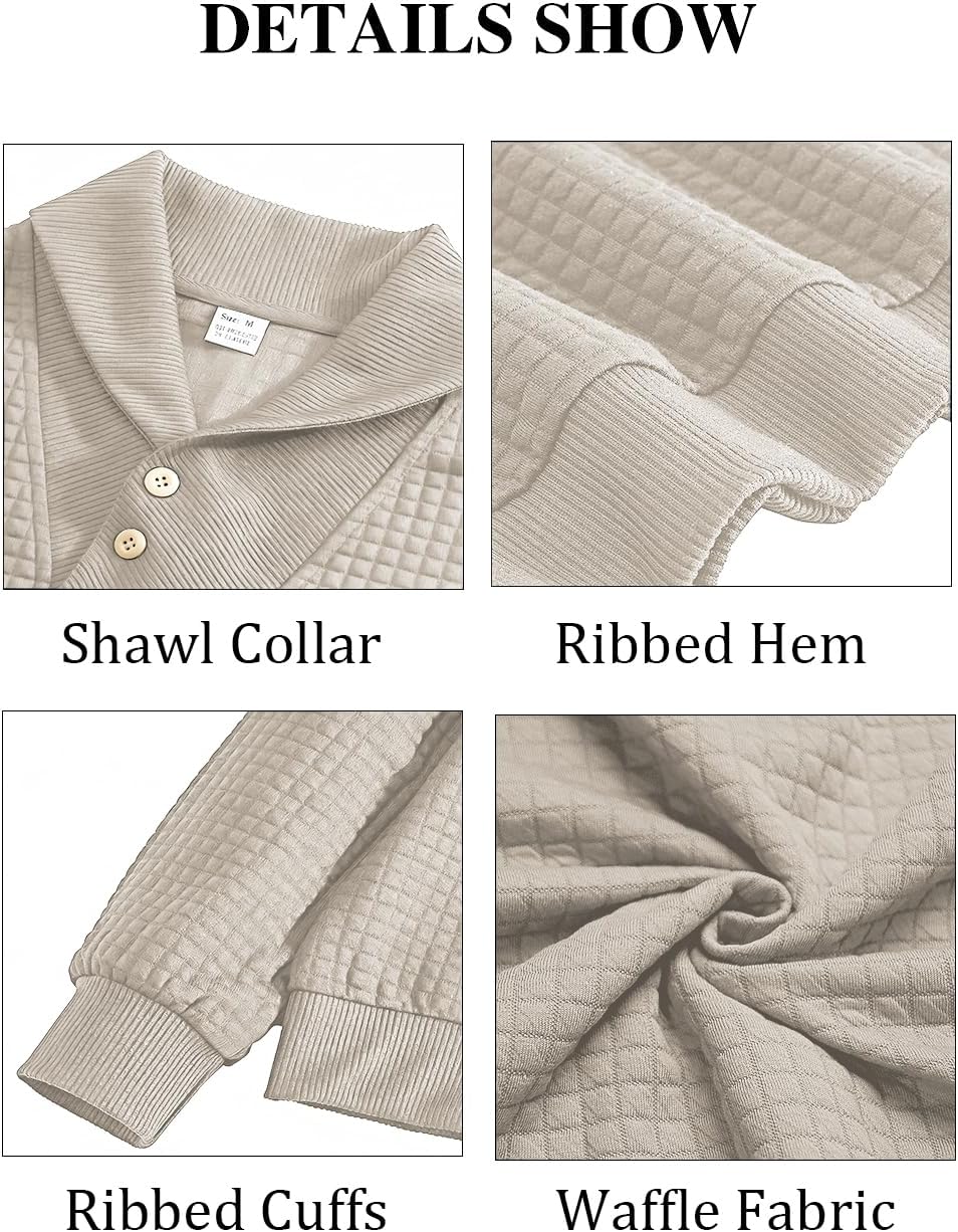 Men's Shawl Collar Sweaters Long Sleeve Button Turtleneck Sweater Textured Waffle Pullover - Image 6