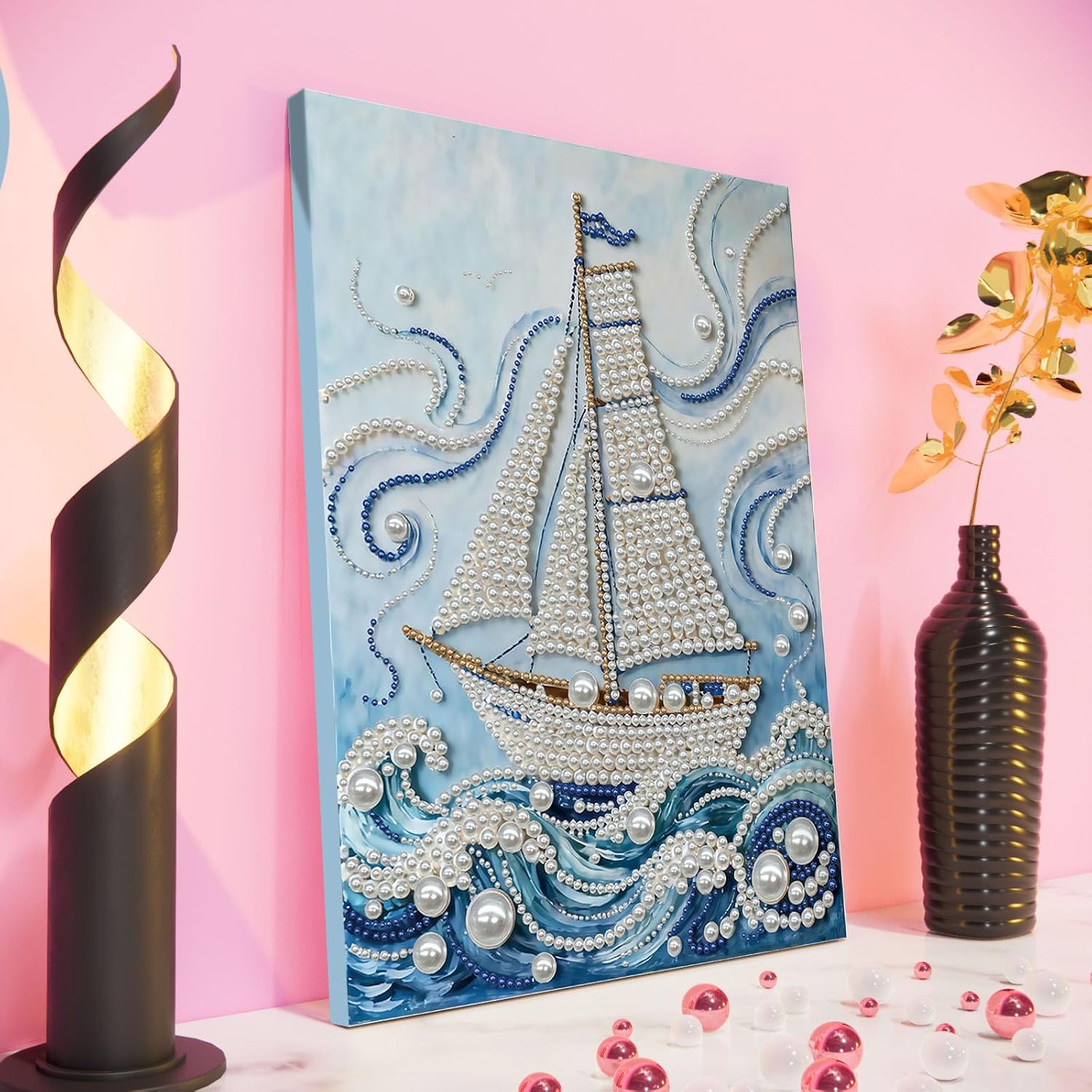 POETRYDRAW DIY Diamond Pearl Painting Kit for Adults Sailboat, Beginner Friendly Craft Kits with Frame 30x40cm, Home Decor Housewarming Gift, Diamond Dots Beads Canvas Art for Wall Decor