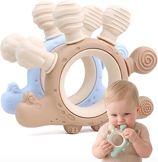 Baby Beißring aud Beißspielzeug aus Silikon – 2 Pack Zahnungshilfe für Babys ab 0–12 Monate, BPA-frei, Zahnungssspielzeug zur Linderung von Zahnungsschmerzen (Khaki+Blau)