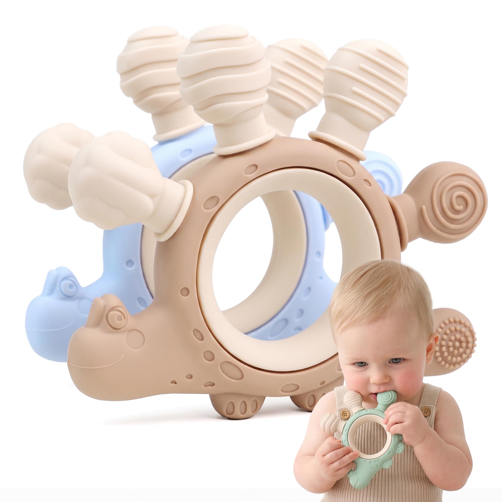 ETETOO Dinosaur Silicone Teething Toys for Baby(Blue + Khaki)