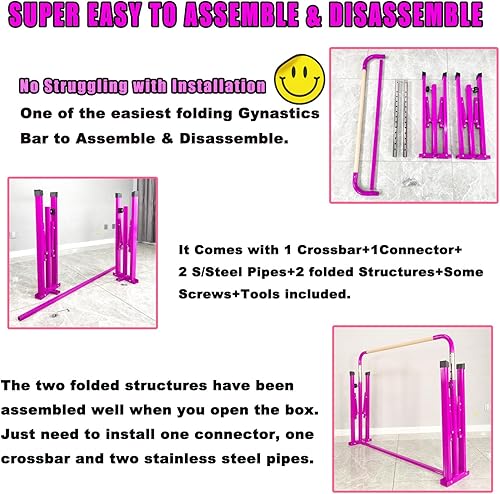 Vista 3 de PreGymnastic No Wobble Gymnastics Bar, 6ft Long Base Gymnastic bar for Kids, Super Easy Folding Gymnastics Bar, Adjustable Gymnastics Kip Bar for