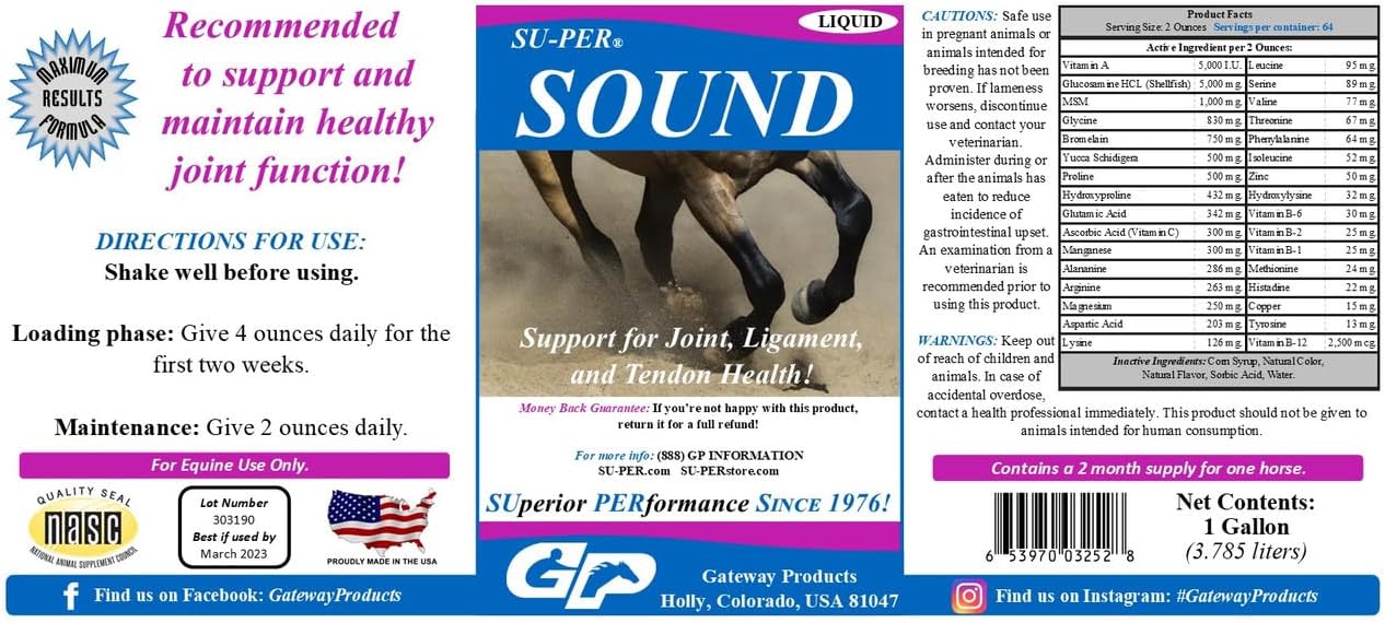 SU-PER Sound Joint Horse Supplement - Support for Joint, Ligament, and Tendon Health - Horse Vitamins and Minerals, Glucosamine, MSM, Bromelain, Amino Acids, Lysine - 1 Gallon + Pump, 2 Month Supply