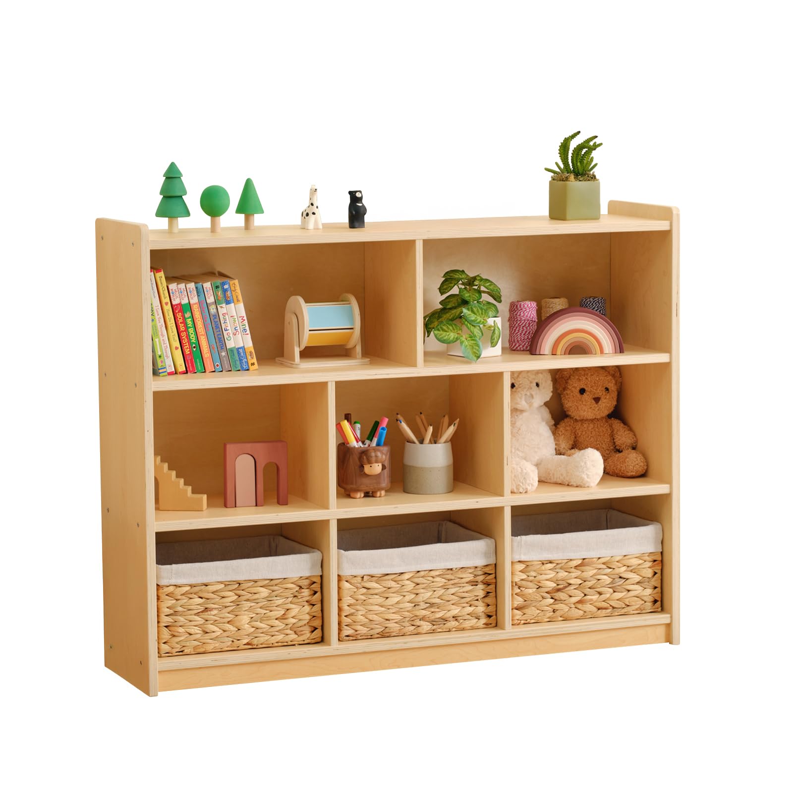 oook montessori toy shelf, 35.4" h, 3-tier toy storage organizer with 8 cubby, wooden storage cabinet, montessori shelves for playroom, nursery, daycare, preschool, classroom furniture