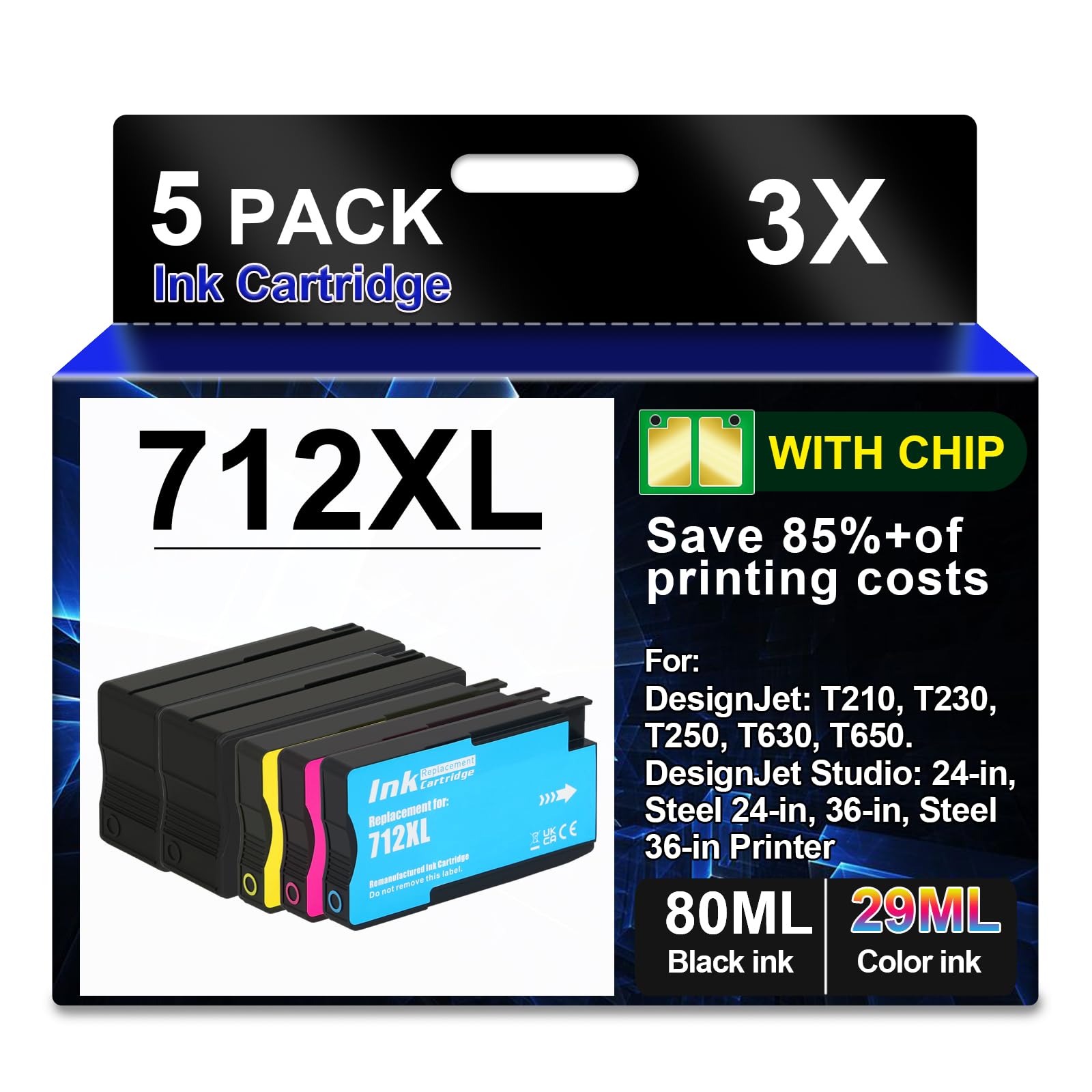 712XL Ink Cartridges 5 Pack(with Chip) Compatible Replacement for HP 712 Ink Cartridges Combo Pack for DesignJet T210 T630 T650 T250 T230 Printer (5 Pack 80-ml 2 Black + 29-ml Cyan/Magenta/Yellow)