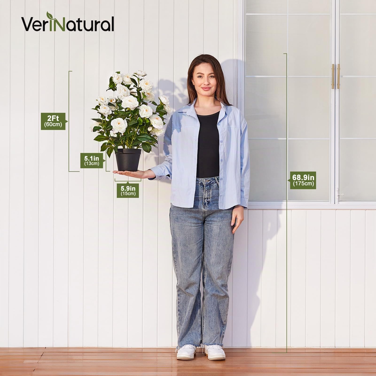 VeriNatural Künstlicher Kamelienbaum Weiß 60cm Kunstpflanze im Topf 2 Stück