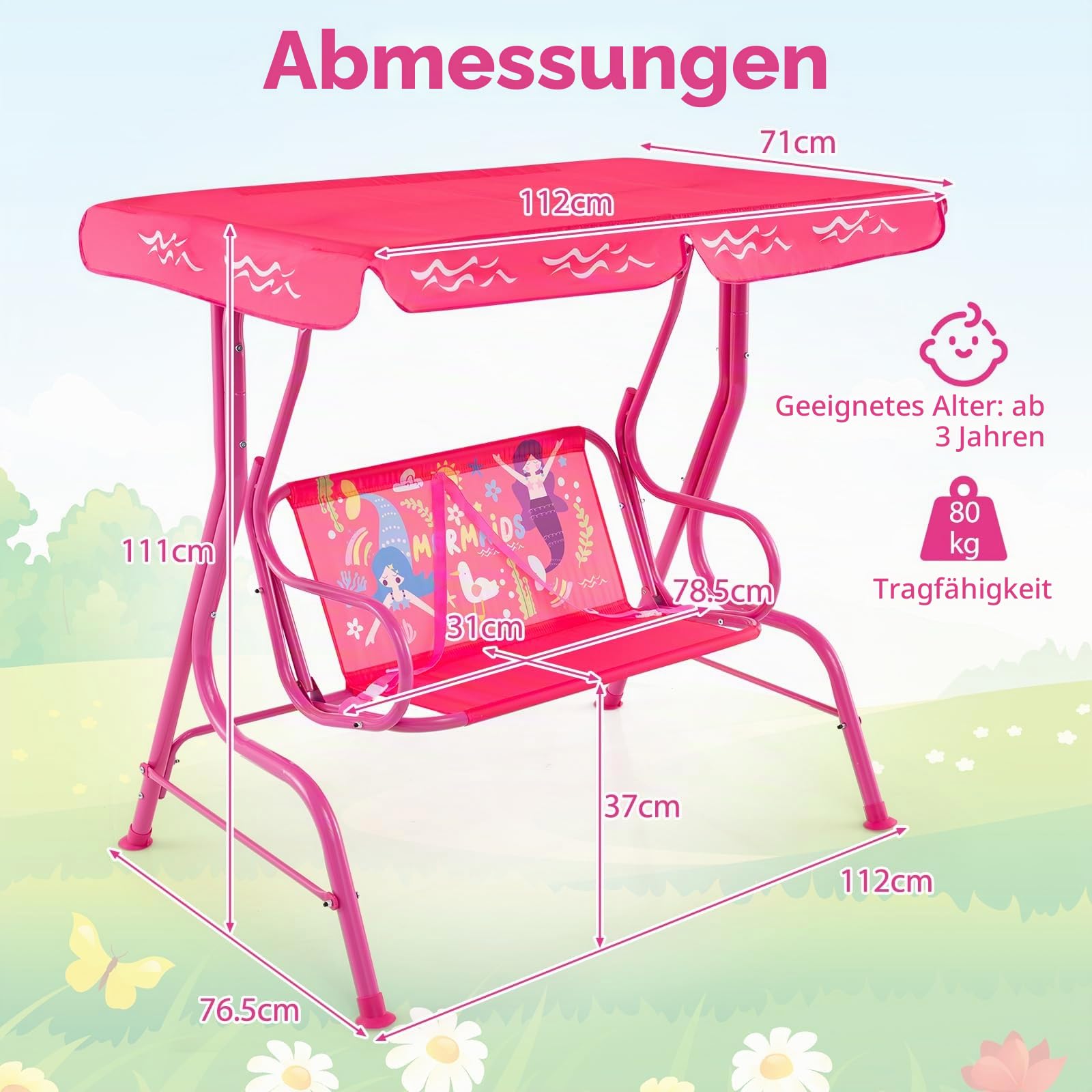 DREAMADE 2-Sitzer Kinder Hollywoodschaukel, Kinderschaukel mit verstellbarem Dach, Metallständer & Sicherheitsgurten, Outdoor-Schaukelsitz für Hinterhof, Garten, Balkon (Rosa)