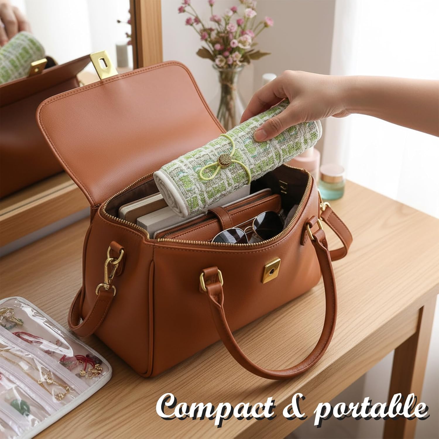 Portable Travel Jewelry Organizer Roll with 17 Zippered Compartments,Tangle-Free Necklace Storage Bag,Travel Jewelry Pouch for Bracelets, Earrings, Rings, Brooches (Green) - Image 6