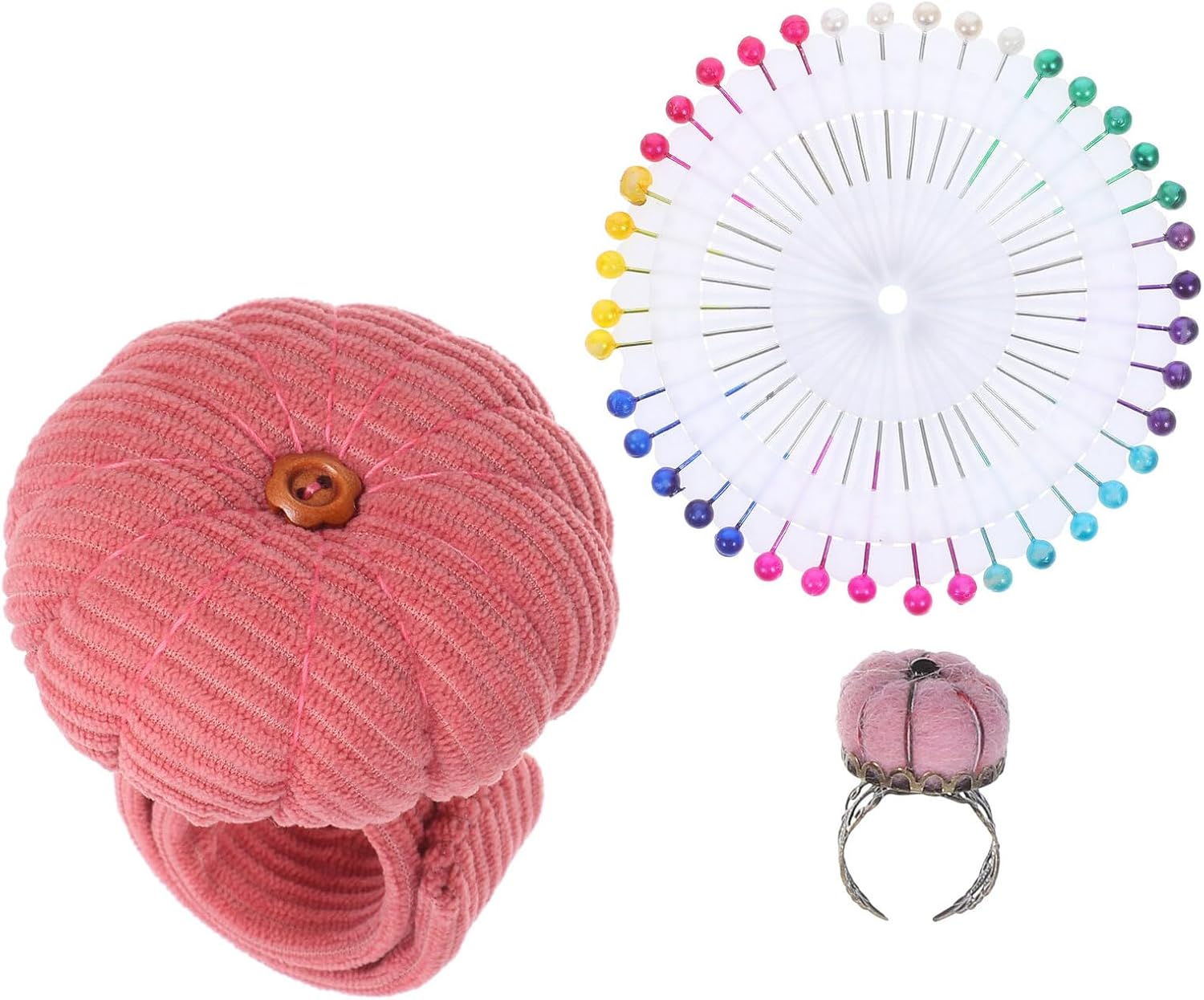 TEHAUX Wrist Pin Cushion Set for Sewing with Pumpkin-Shaped Pincushion, Pink Corduroy Fabric Wristband Needle Holder and Finger Ring Pin Cushion for DIY Crafts and Quilting