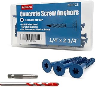 Allkeen 1/4" x 2-1/4" Torx Concrete Screws for Masonry, Brick, Block & Stucco - 30 Pack with Bits, Rustproof