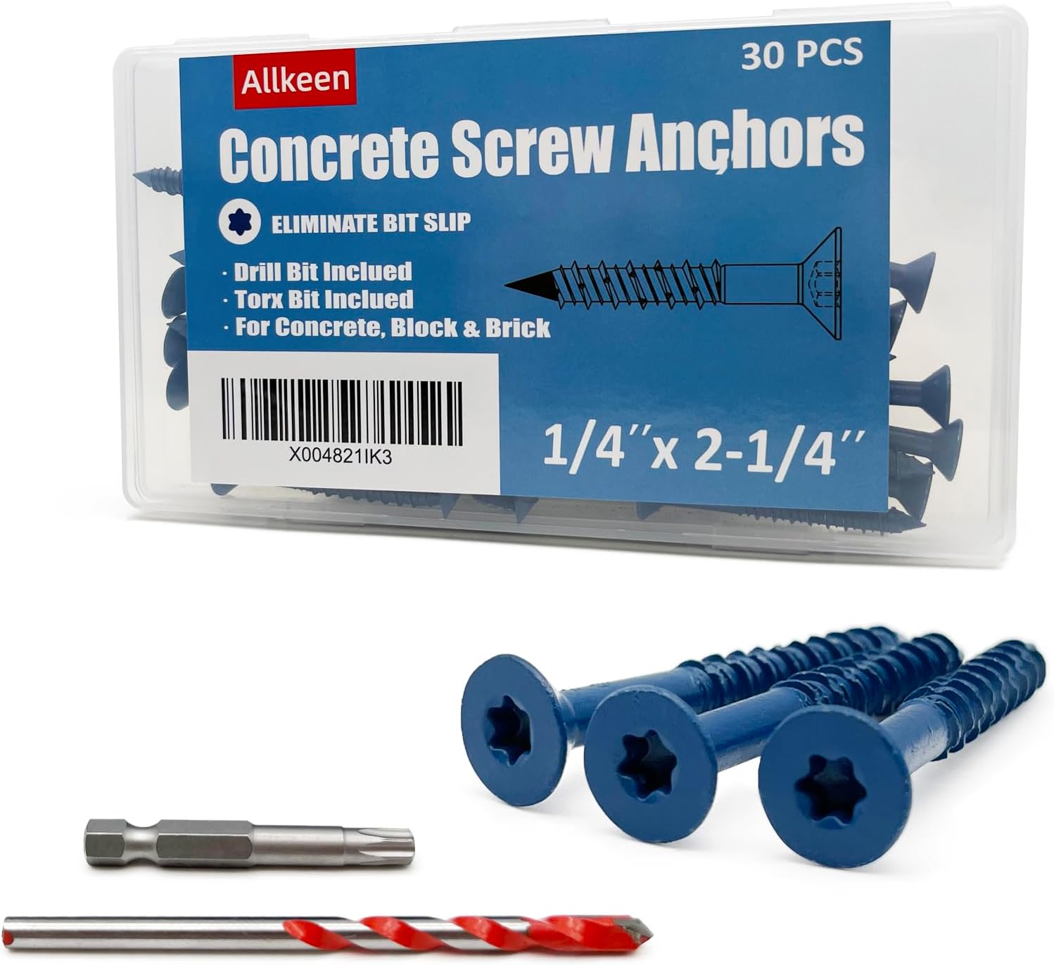 1/4" x 2-1/4" Concrete Screws, Anchoring to Masonry, Brick, Block, Cement or Stucco, 30PCS