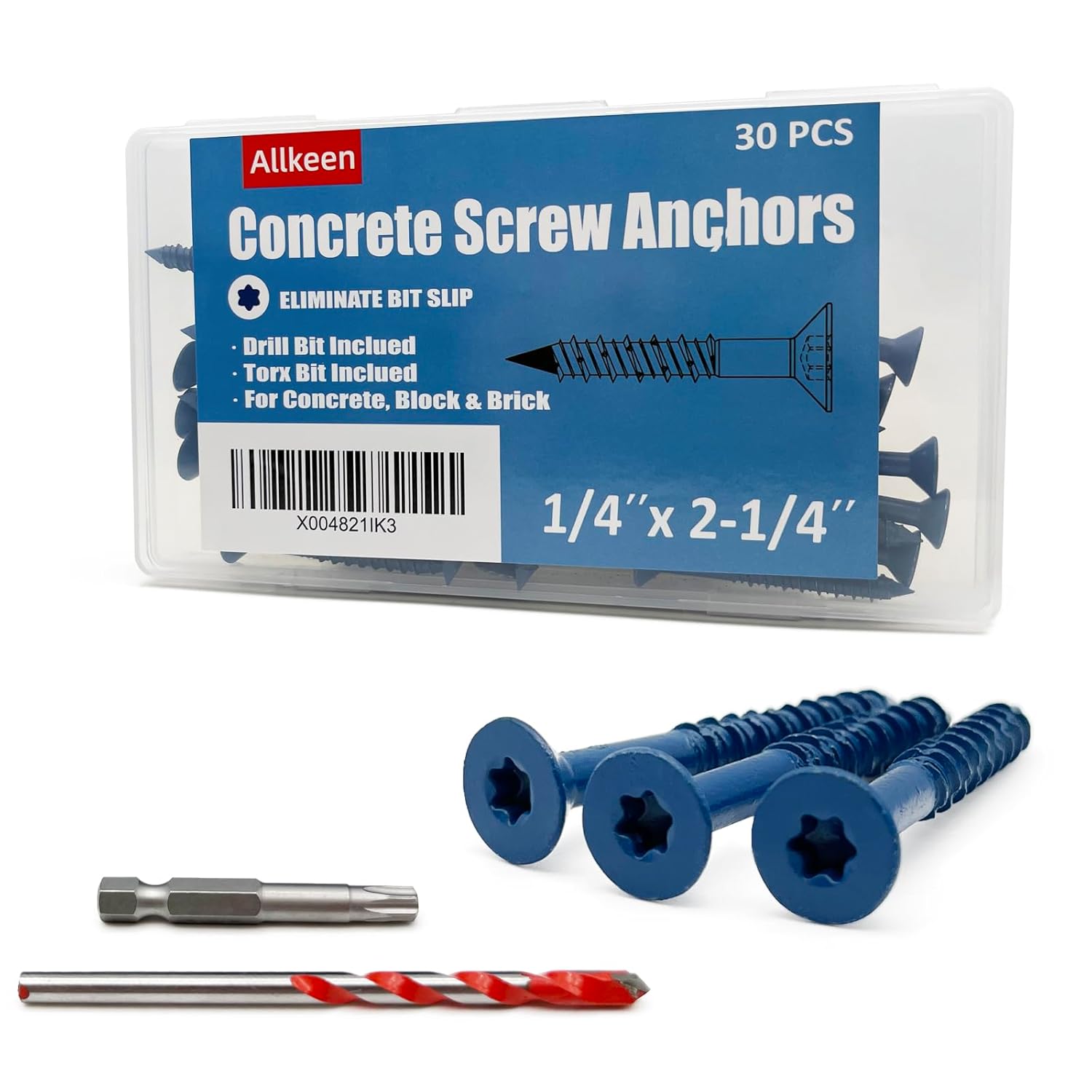 Allkeen 1/4" x 2-1/4" Torx Concrete Screws for Masonry, Brick, Block & Stucco - 30 Pack with Bits, Rustproof
