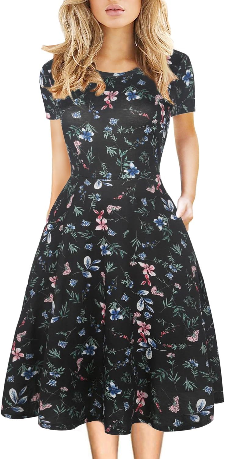 Women's Elegant Knee Length Dresses Vintage Summer Office Casual Floral Print Work Party A-Line Swing Dress with Pockets 162