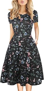 Women's Elegant Vintage 50s Office Casual Floral Print Work Party A-Line Swing Dress with Pockets 162 - Buy now