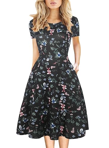 Women's Elegant Knee Length Dresses Vintage Summer Office Casual Floral