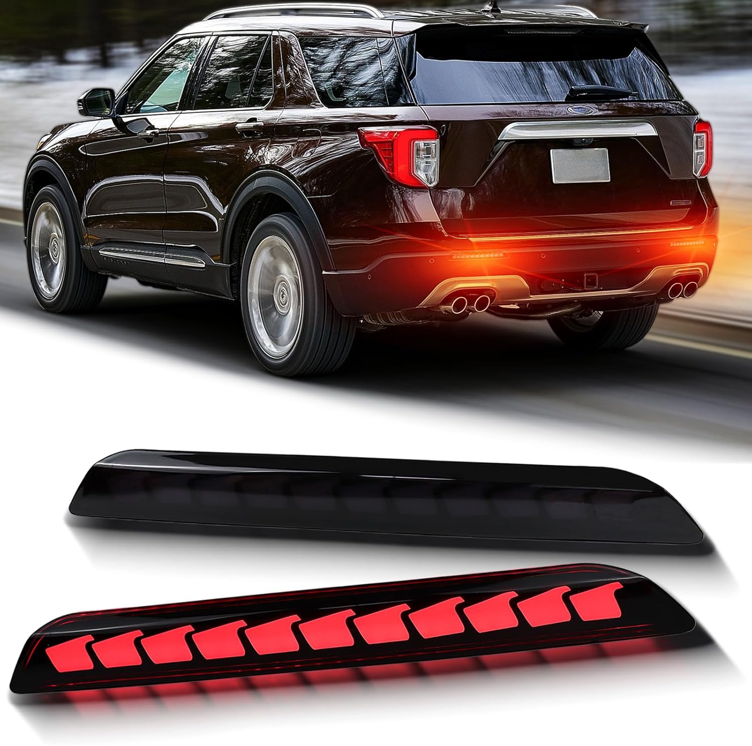LED Rear Bumper Reflector Light Compatible with 2020-2023 2024 2025 Ford Explorer Tail Brake Fog Lamp Daytime Running Light Turn Signal (Smoked)