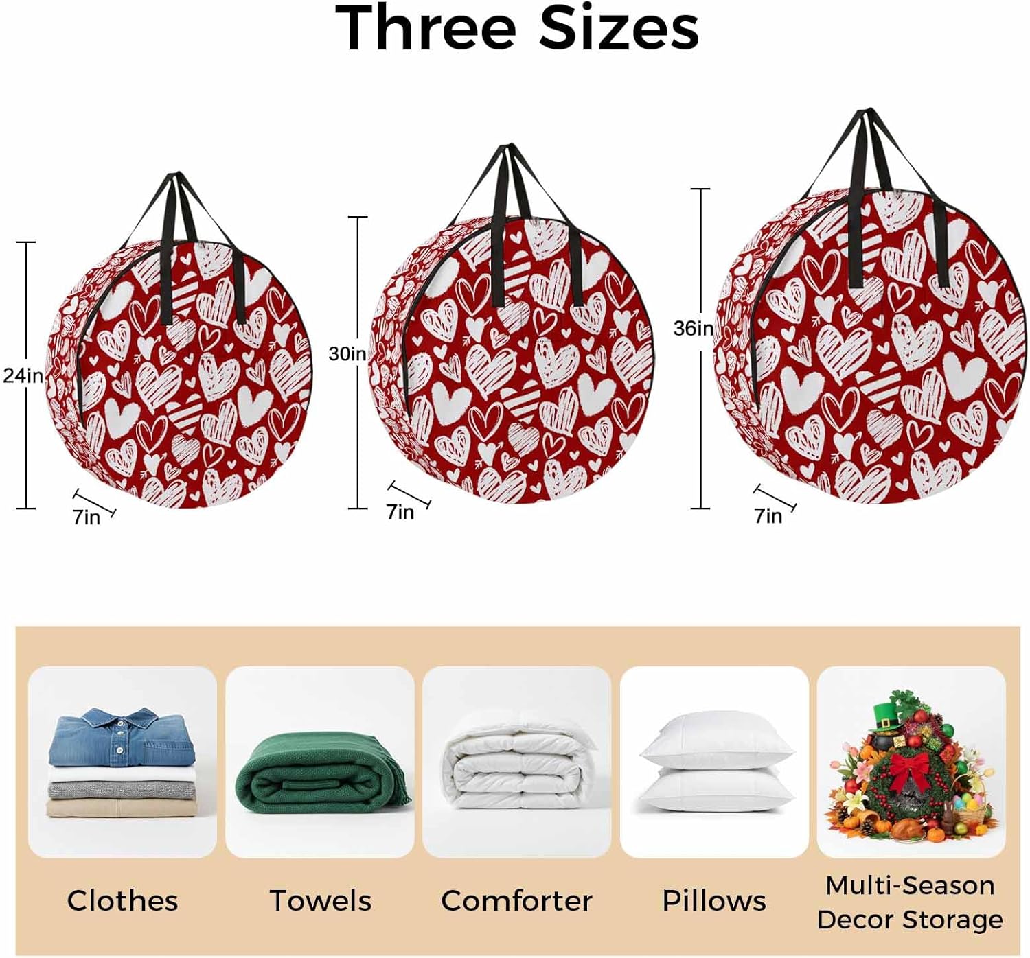 Love Heart Round Storage Bag 24 Inch, Valentine's Day Hand Drawn Clothes Storage Container with Handles Heavy Duty Organizer for Comforter, Bedding & Holiday Wreaths