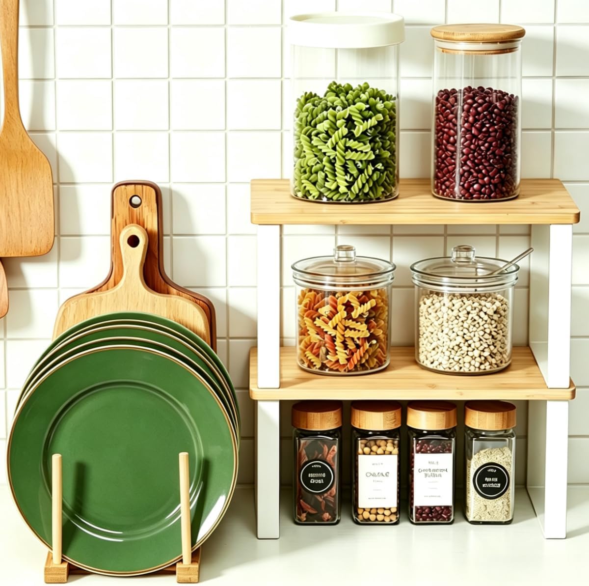 4 Pcs Plate Organizer for Cabinet, Plate and Bowl Organizer for Cabinet , Cabinet Organizer Shelf and Bamboo Dish Drying Plate Rack Counter Shelves Storage Holder for Spice Rack, Dish, Pot Lid, Bowl