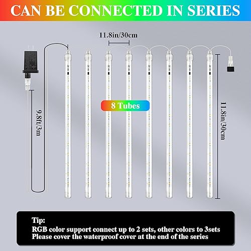 Miniatura 10 de Luces de lluvia de meteoritos, 192 luces LED de lluvia que caen, 8 tubos de 11.8 pulgadas, luces de Navidad impermeables para enchufar, luces LED de