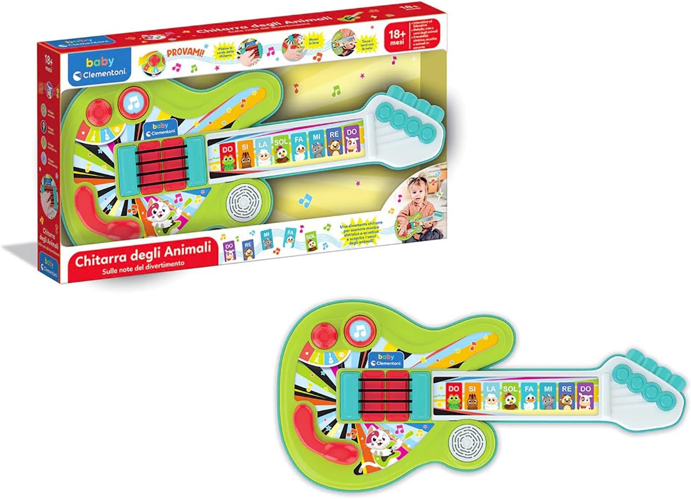 Clementoni Baby 17978 18+ Month Electronic Musical Instrument Animal Guitar, 3 Game Modes and 8 Interactive Keys, Develops Coordination And Creativity