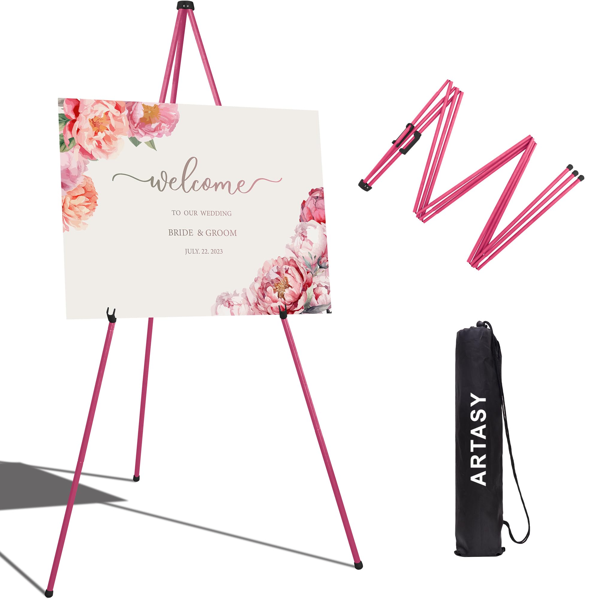 63" Easel Stand for Wedding Signs, Posters, Portable Artist Easel for Painting Canvas, Tripod for Home and Office, Supports 5 lbs-Pink 1/Pack