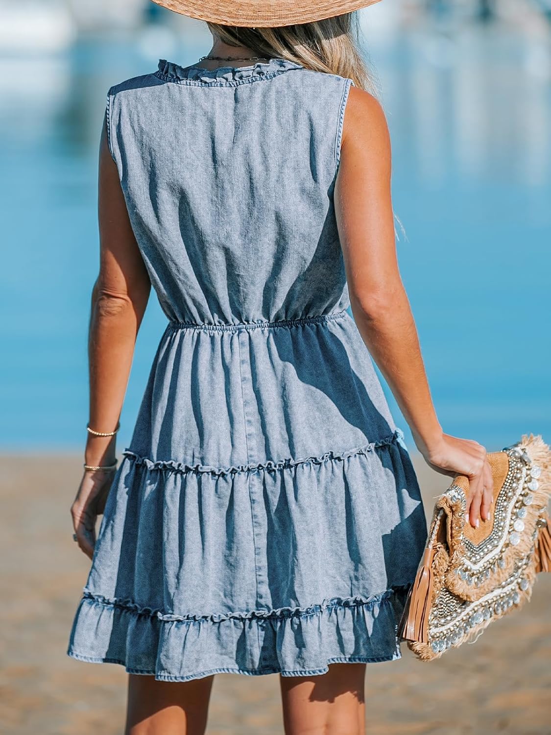 CUPSHE Women's Split V Neck Ruffled Sleeveless Denim Skirt Summer Mini Dress