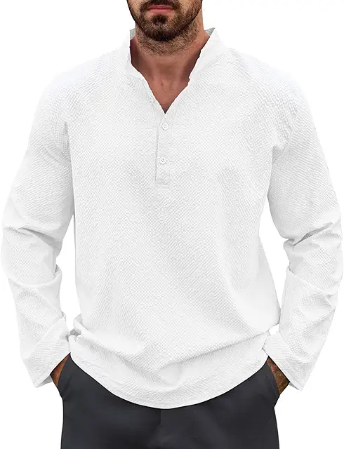 Men's Linen Long Sleeve Shirt with Mao Collar - Casual & Formal Fit