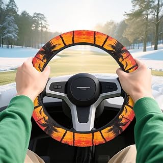 Sunset Flannel Golf Cart Steering Wheel Cover Coconut Tree Golf Cart Steering Wheel Covers Accessories for Club Car Thickened Non-Slip Lining