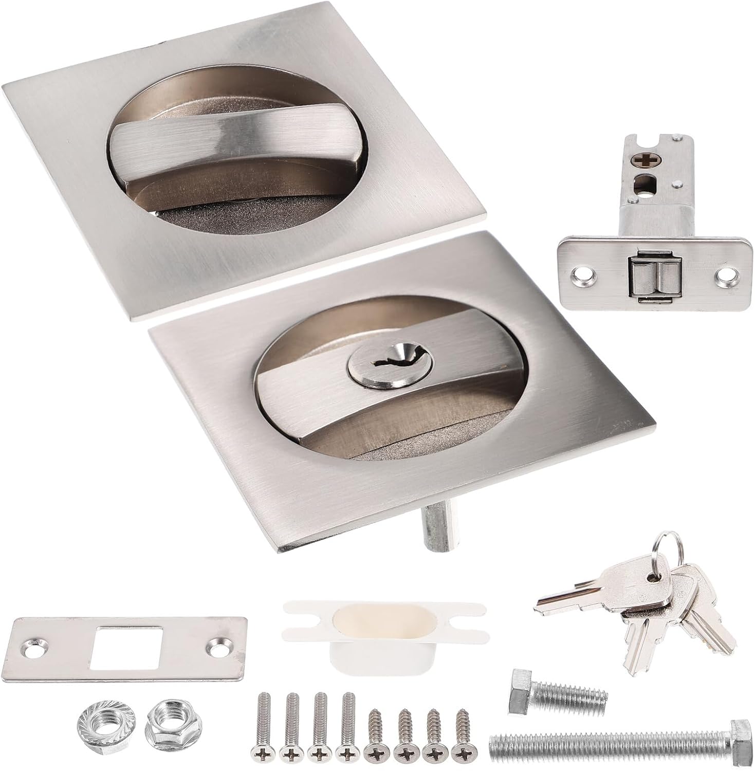 Modern Square Privacy Pocket Door Lock with Brushed Zinc Alloy Metal Hardware and Keys Invisible Lock for Secure Interior Sliding Doors with Original Reuse Privacy Function