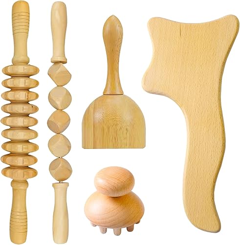 Ctwctr Herramientas de masaje de terapia de madera kit de Maderoterapia 5 en 1 masajeador de drenaje linfático rodillo masajeador de madera para