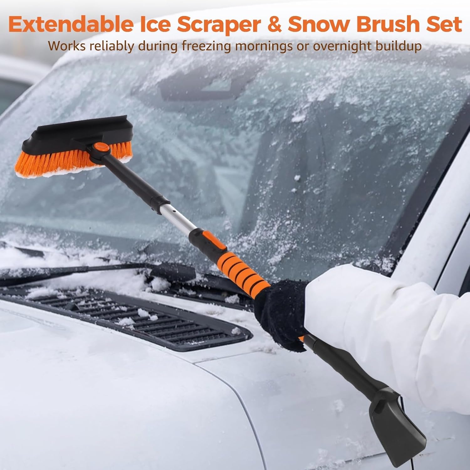 Extendable Ice Scraper and Snow Brush, 5 in 1 Emergency Snow Shovel Set, 180° Pivoting Brush Head, Foam Grip Handle, Multi-Function Car Snow Removal Kit for Cars, Trucks, Winter Travel