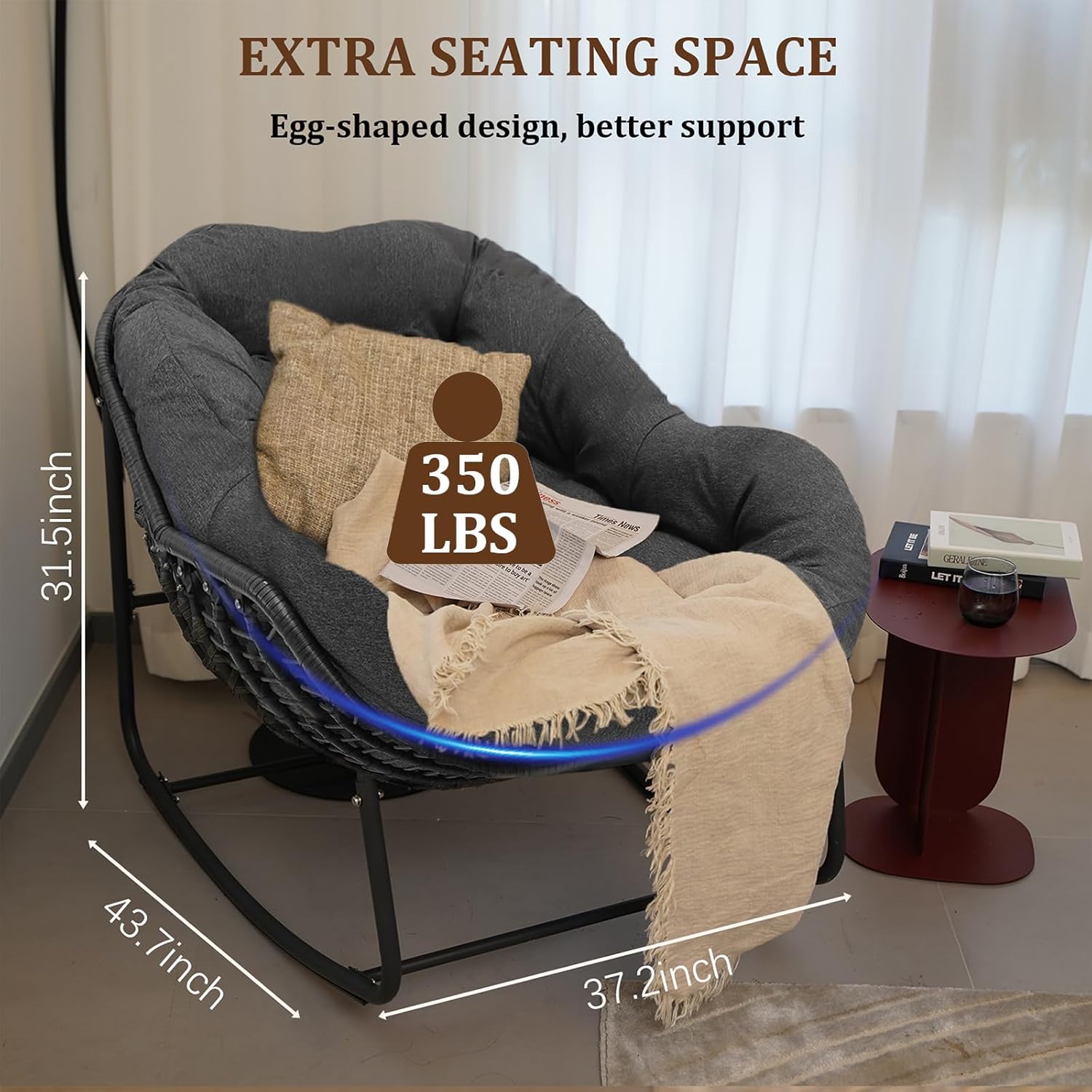 Papasan Rocking Chair, Oversized Rocking Papasan Chair Rattan Papasan Chair w Cushion, Wicker Egg Chair Rocker Outdoor Front Porch Chair, Big Comfy Rocking Chair for Outdoor(Dark Grey)