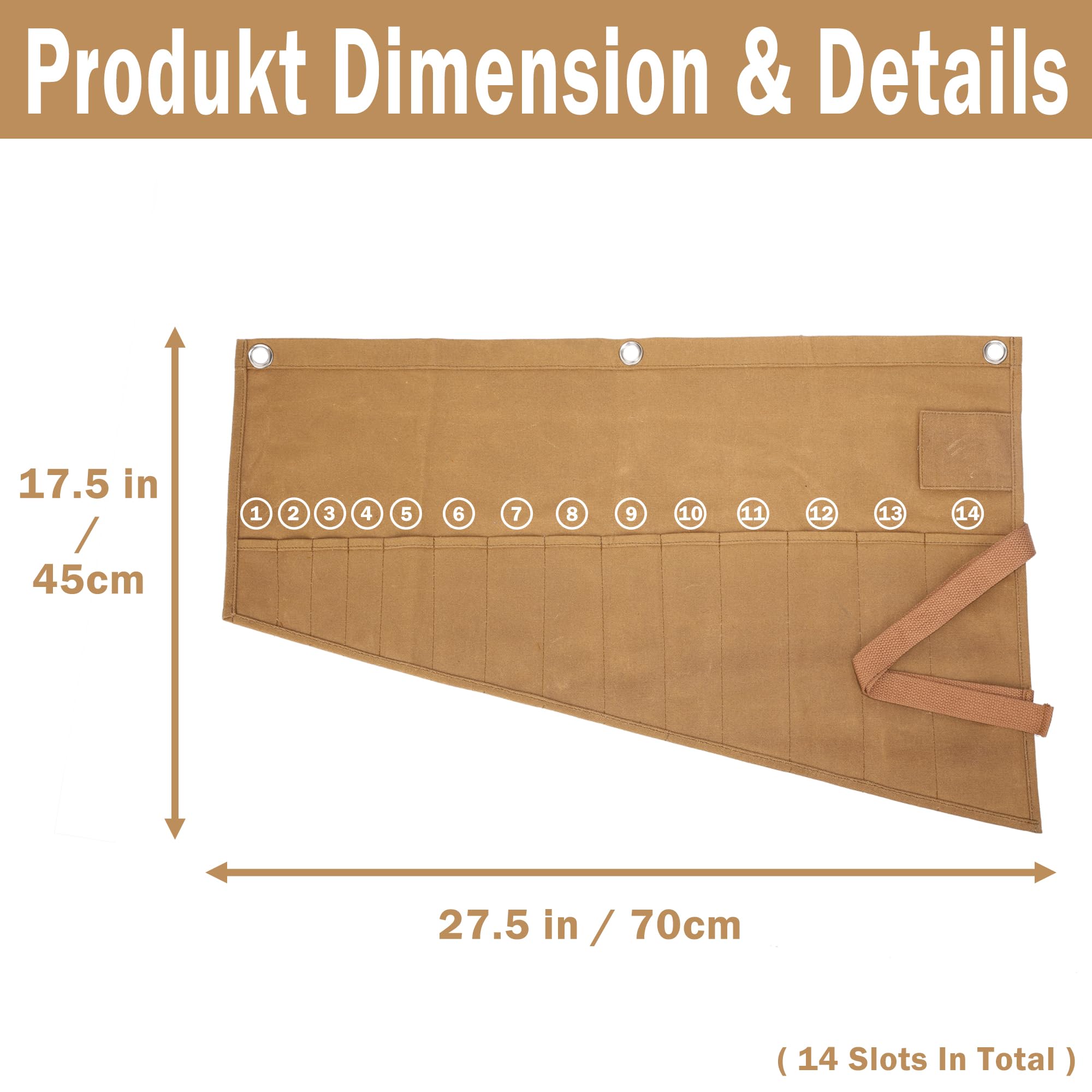 Wrench Roll, 16OZ Waxed canvas Rolling Up Tool Bag - 14 pockets - Metric & SAE Wrench Set Storage Roll, Khaki - Image 2