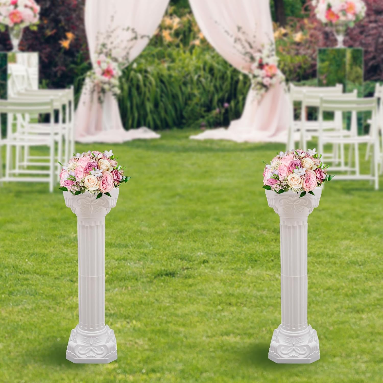 4-PCS Roman Columns with Bases - Roman Column Set, Columns Pedestals Pillars Plastic Wedding Stand, Art Deco Statue, Event Party Decorative Holder, 34.65Height